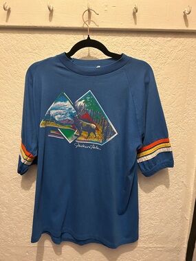 Blue Graphic Tee with Striped Sleeves